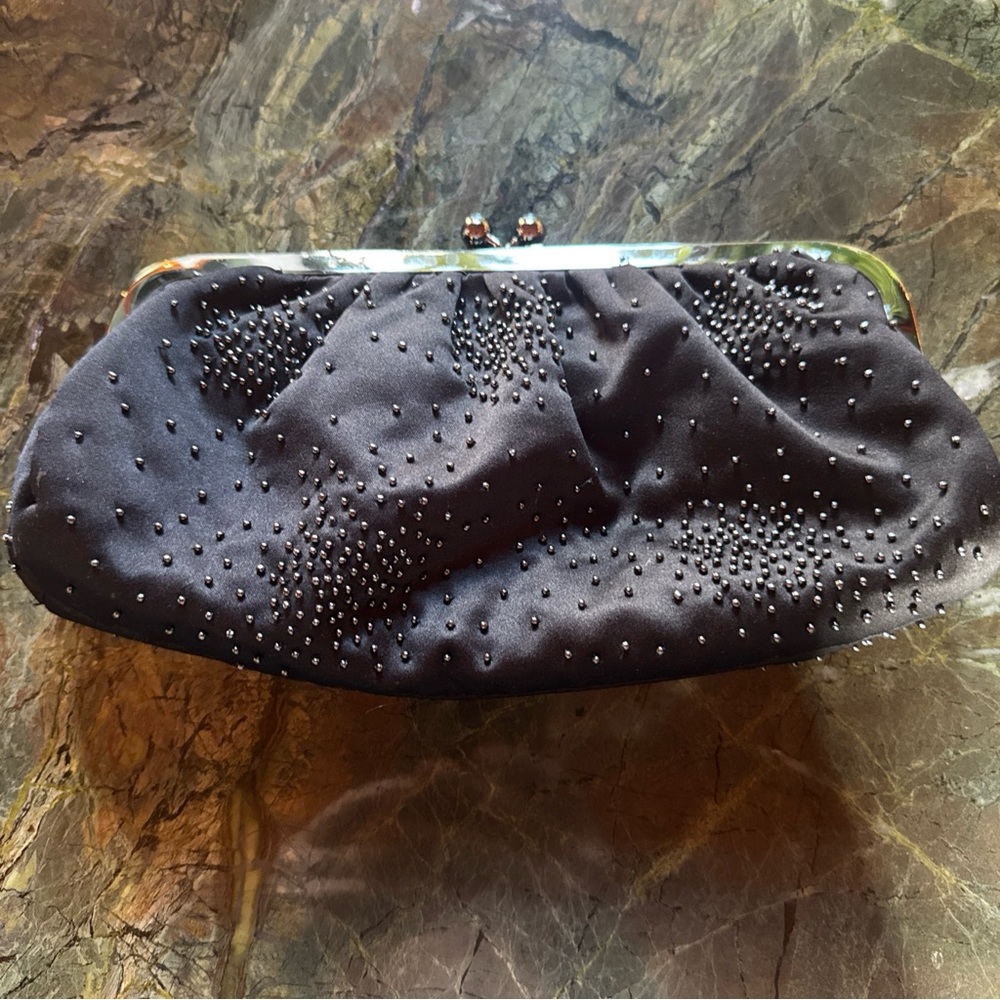 EXPRESS Satin Beaded Black Clutch Bag Silver Hardware